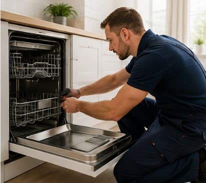 Servicetechniker repariert einen Geschirrspüler in einer modernen Küche